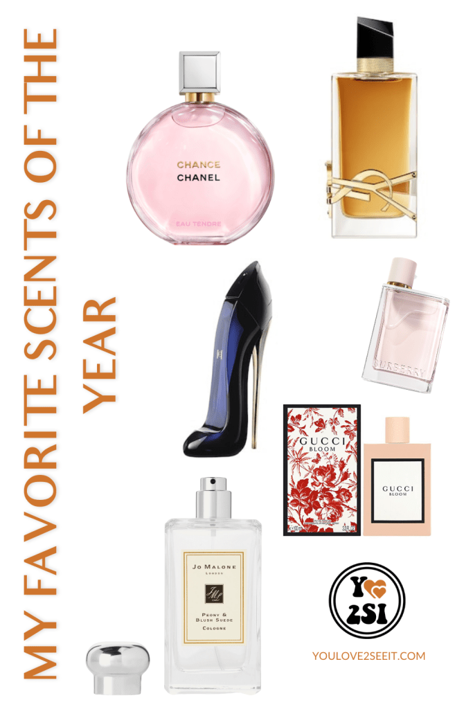 Collage of my favorite perfumes of the year. Including product images of perfumes listed in the article.