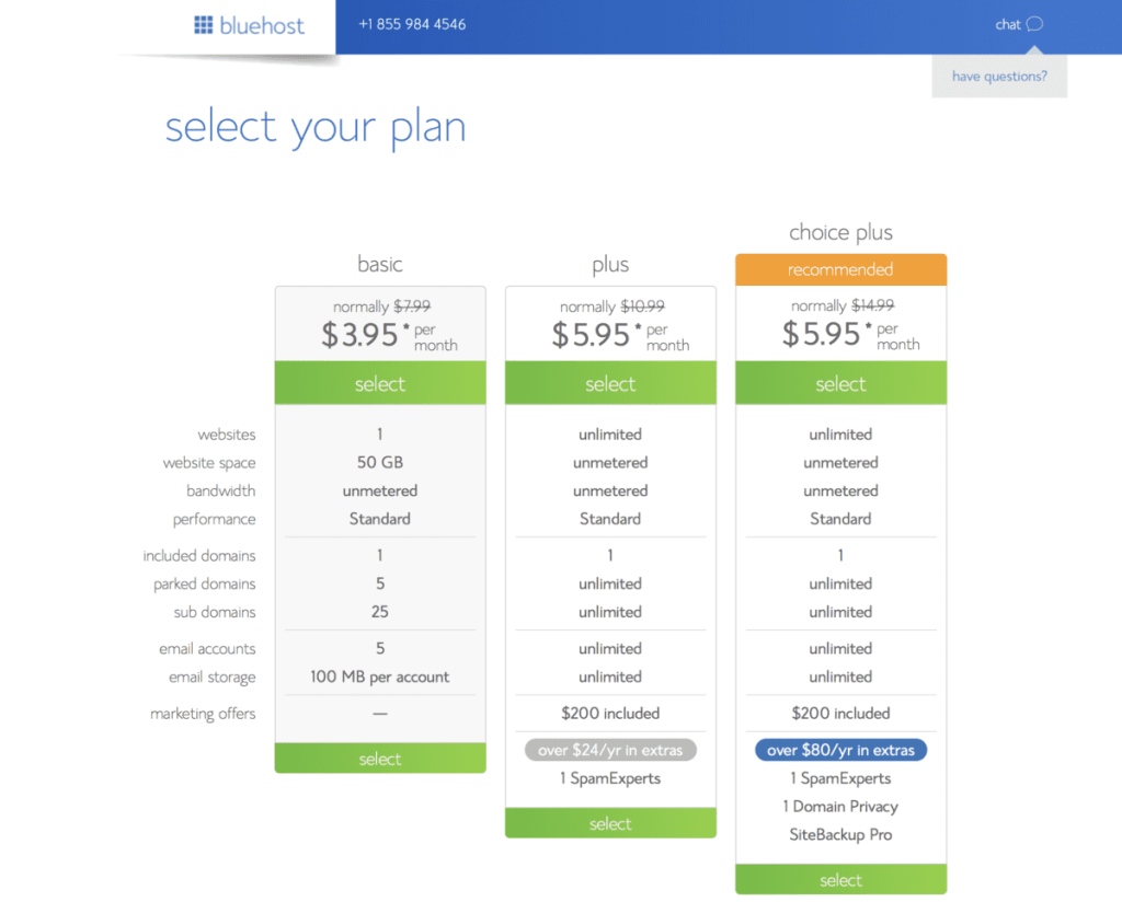 screenshot of Bluehost plan options to start a blog